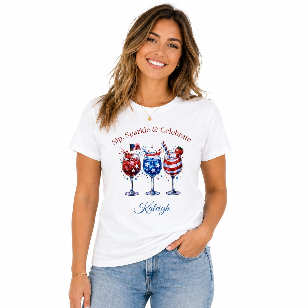 Sip Sparkle & Celebrate 4th of July t-shirt design close-up – three red white and blue cocktail glasses with personalized name in script