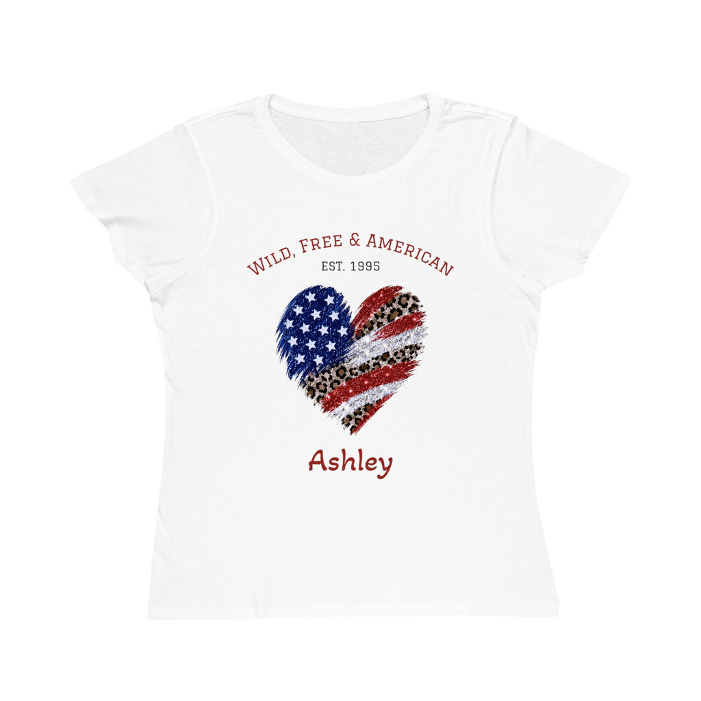 Personalized Wild, Free & American T-Shirt – white organic cotton tee with American flag heart design and custom name, worn by model