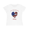 Personalized Wild, Free & American T-Shirt – white organic cotton tee with American flag heart design and custom name, worn by model