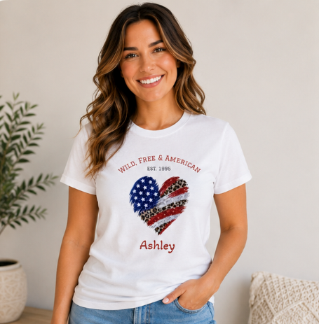 Wild Free & American T-Shirt design close-up – leopard print flag heart with arched text and personalized name detail