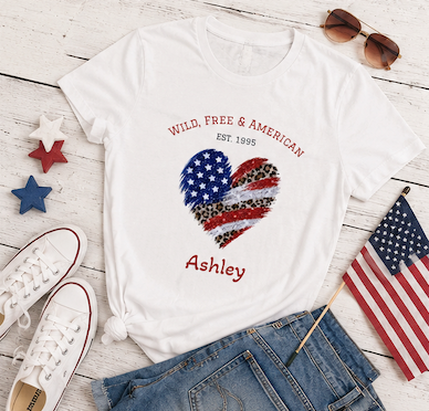 Wild Free & American organic cotton tee lifestyle mockup – semi-slim fit 4th of July shirt with American flag heart graphic