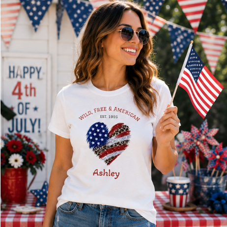 Personalized patriotic women's t-shirt – Wild Free & American tee with custom name on clean white background mockup